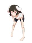 1girl :3 alternate_costume animal_ears bare_shoulders bent_over bike_shorts black_hair bunny_tail cato_(monocatienus) commentary_request full_body hands_on_own_knees inaba_tewi looking_at_viewer rabbit_ears red_eyes short_hair short_sleeves simple_background smile solo tail touhou white_background 