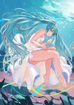  1girl absurdres aqua_eyes aqua_hair bare_legs bare_shoulders barefoot coral dress eyebrows_visible_through_hair fish floating floating_hair hair_between_eyes hatsune_miku highres invisible_chair leaning_forward long_hair looking_at_viewer nekoma0116 shiny shiny_hair sitting sleeveless sleeveless_dress solo thighs toes twintails underwater very_long_hair vocaloid white_dress 