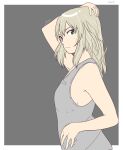  1girl arm_up artist_name blue_eyes casual closed_mouth commentary dated from_side frown girls_und_panzer grey_background grey_shirt hand_on_hip hand_on_own_head highres itsumi_erika long_hair looking_at_viewer outside_border shirt signature silver_hair simple_background solo tank_top twitter_username upper_body zono_(inokura_syuzo029) 