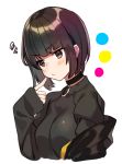  1girl bangs black_hair black_jacket blush breasts brown_eyes collar commentary_request eyebrows_visible_through_hair highres jacket komeo15 looking_at_viewer medium_breasts o-ring original short_hair simple_background sleeves_past_wrists solo white_background 