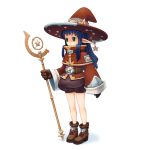  1girl arms_at_sides belt blue_hair boots brown_footwear brown_gloves brown_shorts full_body gloves green_eyes hair_ornament hat highres holding holding_staff long_hair long_sleeves original pixelflag pointy_ears shorts sidelocks simple_background staff standing white_background wide_sleeves wizard_hat 