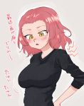  1girl black_shirt blush breasts brown_eyes casual commentary girls_und_panzer grey_background hand_on_hip highres lightning_bolt long_sleeves looking_down medium_breasts medium_hair motion_lines open_mouth redhead ribbed_shirt rosehip shirt solo standing toku_(yhpv8752) translated upper_body 