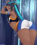  1girl against_wall aqua_eyes aqua_hair arched_back armband artist_name ass bare_shoulders belly_chain black_hair blue_eyes blue_gloves blue_hair blush braid commentary_request crop_top dark_skin ear_clip ear_piercing earrings french_braid gloves hoop_earrings jewelry kuroonehalf leaning_forward long_hair looking_at_viewer looking_back multicolored_hair partly_fingerless_gloves piercing pokemon pokemon_(game) pokemon_swsh presenting rurina_(pokemon) short_shorts shorts single_glove solo sports_bra thighs two-tone_hair 