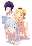  3girls ;d absurdres bandaged_fingers bandages bangs barefoot bikini blonde_hair blue_eyes blunt_bangs blush breasts brown_eyes closed_mouth eromanga_sensei gradient_hair halterneck highres izumi_sagiri kneeling kobayashi_keisuke lying medium_breasts multicolored_hair multiple_girls o-ring o-ring_bikini off_shoulder official_art on_stomach one_eye_closed open_mouth parted_bangs pink_hair ponytail purple_hair ringlets scan senju_muramasa short_hair side-tie_bikini side_ponytail sidelocks simple_background smile swimsuit two-tone_hair violet_eyes white_background white_bikini yamada_elf 