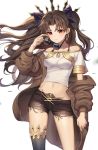  1girl absurdres asymmetrical_legwear black_bow black_legwear black_shorts bow breasts brown_coat brown_hair closed_mouth clothes_down coat collarbone cowboy_shot diadem earrings fate/grand_order fate_(series) floating_hair hair_bow halterneck highres holding holding_eyewear ishtar_(fate/grand_order) jewelry long_hair looking_at_viewer medium_breasts midriff navel off-shoulder_shirt off_shoulder open_clothes open_coat red_eyes shirt short_shorts shorts simple_background single_thighhigh solo standing stomach sunglasses thigh-highs torn_clothes torn_shorts twintails uuruung very_long_hair white_background white_shirt 