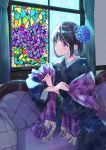  1girl bangs black_hair black_kimono blue_flower blush closed_mouth commentary_request couch curtains eyebrows_visible_through_hair floral_print flower fringe_trim hair_flower hair_ornament hydrangea indoors japanese_clothes kimono long_sleeves looking_away miyabi_akino on_couch original plaid print_kimono short_hair sitting smile solo stained_glass stole twitter_username violet_eyes wide_sleeves window 