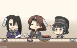  !! 3girls arare_(kantai_collection) black_hair blouse brown_eyes brown_hair chiyoda_(kantai_collection) choko_(cup) closed_eyes commentary_request conveyor_belt conveyor_belt_sushi cup dated food gloves hamu_koutarou hat headband highres kantai_collection multiple_girls nachi_(kantai_collection) one_eye_closed remodel_(kantai_collection) school_uniform short_hair side_ponytail sushi tag white_gloves 
