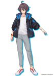  1boy ahoge bangs black_jacket brown_hair closed_mouth collarbone colored_shadow commentary_request drop_shadow eyebrows_visible_through_hair full_body green_eyes grey_pants hair_between_eyes jacket long_sleeves looking_at_viewer male_focus ne-on open_clothes open_jacket original outstretched_arm pants puffy_long_sleeves puffy_sleeves shadow shirt shoes solo standing watermark white_background white_footwear white_shirt 