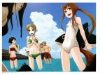  3boys 4girls :d absurdres animal_ears arm_around_neck arm_up ayakura_juu ball beachball bikini black_bikini_top black_hair blood blue_sky blush breasts brown_hair clouds collarbone craft_lawrence day dian_rubens dog enekk floating_hair flower green_bikini hair_flower hair_ornament highres holding holding_ball holo lens_flare long_hair looking_at_viewer looking_back male_swimwear multiple_boys multiple_girls navel nora_arento nosebleed ocean official_art open_mouth outdoors print_bikini purple_flower red_bikini red_eyes school_swimsuit short_hair shoulder_blades sky small_breasts smile spice_and_wolf strapless strapless_bikini sweatdrop swimsuit swimwear tail very_long_hair wading white_school_swimsuit white_swimsuit wolf_ears wolf_tail 