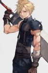 1boy 55level armor asymmetrical_armor bandages bare_shoulders black_gloves blonde_hair blue_eyes cloud_strife commentary final_fantasy final_fantasy_vii gloves highres holding holding_sword holding_weapon looking_at_viewer male_focus muscle short_hair shoulder_plates simple_background solo spiky_hair sword weapon 