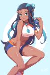  1girl :d armlet artist_name between_legs black_shorts blue_background blue_eyes blue_hair blue_shorts blush breasts dark_skin earrings eyeshadow glint hair_bun hand_between_legs hand_up highres holding holding_poke_ball hoop_earrings jewelry large_breasts long_hair looking_at_viewer makeup midriff mmrailgun multicolored multicolored_clothes multicolored_hair multicolored_shorts navel necklace open_mouth poke_ball pokemon pokemon_(game) pokemon_swsh rurina_(pokemon) shiny shiny_skin shirt shorts sidelocks signature simple_background smile solo sports_bra thighs tsurime very_long_hair white_shirt 