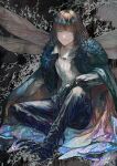  1boy blue_eyes brown_hair cape collared_shirt crown fate/grand_order fate_(series) fur_cape hand_on_own_knee highres insect_wings knee_up looking_to_the_side male_focus medium_hair oberon_(fate) pants shirt sitting slit_pupils smile solo spoilers wings xero 