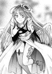  1girl angel_wings artist_request closed_mouth commentary_request crop_top cross feathered_wings gloves halo highres jibril_(no_game_no_life) long_hair low_wings magic_circle midriff mismatched_legwear monochrome navel no_game_no_life solo symbol-shaped_pupils tattoo very_long_hair wing_ears wings 