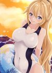  1girl blonde_hair blue_eyes blush breasts breasts_apart clouds collarbone commentary_request competition_swimsuit covered_navel dutch_angle fate/grand_order fate_(series) highres innertube jeanne_d&#039;arc_(fate)_(all) jeanne_d&#039;arc_(swimsuit_archer) large_breasts long_hair looking_at_viewer ocean one-piece_swimsuit orange_sky ponytail roriwanko sky smile solo swimsuit very_long_hair 