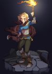 1girl bangs blonde_hair blue_eyes boots braid breasts cloak commentary english_commentary fingerless_gloves forehead french_braid full_body gloves highres hood hood_down knee_boots pants parted_bangs pointy_ears pretzel_box princess_zelda short_hair solo the_legend_of_zelda the_legend_of_zelda:_breath_of_the_wild_2 torch 