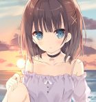 1girl bangs bare_shoulders black_choker blue_eyes breasts brown_hair choker closed_mouth clouds cloudy_sky collarbone commentary_request dated dress eyebrows_visible_through_hair grey_dress hair_ornament horizon hoshi_(snacherubi) knee_up long_hair looking_at_viewer ocean off-shoulder_dress off_shoulder one_side_up original outdoors puffy_short_sleeves puffy_sleeves short_sleeves signature sky small_breasts solo sun sunset upper_body water wavy_mouth x_hair_ornament 
