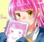  1girl amanayori bangs blue_jacket character_name commentary_request covering_mouth holding jacket long_hair looking_at_viewer love_live! love_live!_school_idol_festival_all_stars neck_ribbon nijigasaki_academy_uniform outline perfect_dream_project pink_hair ribbon shirt sketchbook sleeves_past_fingers sleeves_past_wrists solo tennouji_rina upper_body white_outline white_shirt yellow_background yellow_eyes yellow_neckwear 