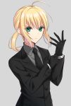  1girl adjusting_clothes adjusting_gloves ahoge artoria_pendragon_(all) black_gloves black_jacket black_neckwear blonde_hair closed_mouth collared_shirt eyebrows_visible_through_hair fate/zero fate_(series) floating_hair formal frown gloves green_eyes grey_background grey_shirt jacket long_sleeves looking_at_viewer medium_hair necktie ponytail saber shino_skk shiny shiny_hair shirt simple_background solo standing upper_body v-shaped_eyebrows wing_collar 