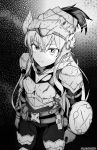  1girl artist_name artist_request belt breastplate cosplay dagger damaged gloves goblin_slayer goblin_slayer! goblin_slayer_(cosplay) helmet highres holstered_weapon monochrome pouch priestess_(goblin_slayer!) scratches shield solo sword weapon 