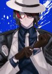  1boy adjusting_clothes adjusting_gloves arknights black_cape black_hair blue_background blue_shirt blue_vest brown_gloves cape closed_mouth collared_shirt glasses gloves hands_up hat highres jacket long_sleeves looking_at_viewer male_focus multicolored_hair necktie open_clothes open_jacket red-framed_eyewear redhead semi-rimless_eyewear senjou_no_pentsu shirt simple_background solo streaked_hair under-rim_eyewear upper_body vest white_headwear white_jacket white_necktie yellow_eyes 