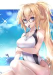  1girl ahoge black-framed_eyewear blonde_hair blue_eyes blush breast_hold breasts clouds collarbone commentary_request competition_swimsuit day dolphin eyebrows_visible_through_hair fate/grand_order fate_(series) glasses hair_between_eyes hane_yuki highres jeanne_d&#039;arc_(fate)_(all) jeanne_d&#039;arc_(swimsuit_archer) large_breasts long_hair looking_at_viewer ocean one-piece_swimsuit smile solo sparkle swimsuit thighs very_long_hair whistle whistle_around_neck 