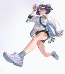  1girl bangs blush bottle commentary grey_background highres lalil-le milk milk_bottle open_mouth original purple_hair red_eyes running shirt shoes short_hair shorts simple_background sneakers visor_cap white_footwear white_shirt 