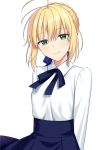  1girl ahoge arms_behind_back artoria_pendragon_(all) bangs blonde_hair blue_ribbon blue_skirt braided_bun closed_mouth collared_shirt eyebrows_visible_through_hair fate/stay_night fate_(series) green_eyes hair_between_eyes hair_ribbon head_tilt high-waist_skirt highres long_sleeves neck_ribbon pleated_skirt ribbon saber shino_skk shiny shiny_hair shirt short_hair simple_background skirt smile solo standing white_background white_shirt wing_collar 
