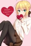  1girl ahoge artoria_pendragon_(all) bangs black_bow black_legwear blonde_hair blush bow box braided_bun brown_skirt eyebrows_visible_through_hair fate/stay_night fate_(series) green_eyes hair_between_eyes hair_bow happy_valentine heart-shaped_box highres holding_bow long_sleeves looking_at_viewer miniskirt pantyhose pink_background pleated_skirt saber shino_skk short_hair simple_background skirt solo sweater white_sweater 