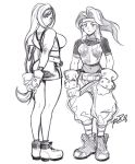  2girls ankle_boots arms_behind_back baggy_pants boots breastplate breasts chainmail commentary english_commentary final_fantasy final_fantasy_vii full_body gloves headband highres jessie_(ff7) large_breasts long_hair long_legs looking_at_viewer looking_back medium_hair miniskirt mismatched_sleeves multiple_girls pants pencil_skirt robert_porter sketch skirt small_breasts smile suspender_skirt suspenders tifa_lockhart 