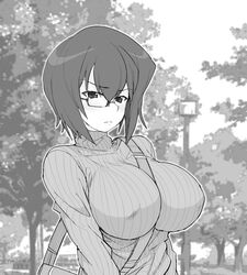  1girl bag bangs between_breasts blurry blurry_background blush breasts carrying casual closed_mouth commentary day depth_of_field eyebrows_visible_through_hair frown girls_und_panzer glaring greyscale half-closed_eyes henyaan_(oreizm) kawashima_momo lamppost large_breasts long_sleeves looking_at_viewer monochrome monocle no_bra outdoors ribbed_shirt satchel semi-rimless_eyewear shirt short_hair solo standing tree turtleneck under-rim_eyewear 