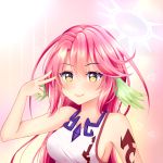  1girl artist_request breasts closed_mouth commission halo heart highres jibril_(no_game_no_life) large_breasts long_hair magic_circle no_game_no_life pink_hair sideboob smile solo star tattoo v very_long_hair wing_ears yellow_eyes 