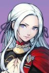  1girl blonde_hair blue_eyes cape cravat edelgard_von_hresvelgr_(fire_emblem) fire_emblem fire_emblem:_three_houses fire_emblem_heroes gloves hair_ornament hair_ribbon hankuri intelligent_systems long_hair looking_at_viewer nintendo red_cape ribbon simple_background solo uniform 
