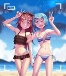  2girls ;d arm_up ass_visible_through_thighs bangs bare_arms bare_shoulders beach bikini black_bikini black_ribbon blue_bikini blue_eyes blue_hair blue_sky blurry blurry_background blush breasts clouds collarbone commentary_request cowboy_shot day du_mogu eyebrows_visible_through_hair frilled_bikini frills front-tie_bikini front-tie_top grin groin hair_ornament hair_ribbon halterneck highres lens_flare long_hair looking_at_viewer mahou_shoujo_madoka_magica medium_breasts miki_sayaka multiple_girls navel ocean one_eye_closed open_mouth outdoors palm_tree red_eyes redhead ribbon sakura_kyouko short_hair side-tie_bikini sky smile standing stomach striped striped_bikini swimsuit thighs tree v white_bikini 
