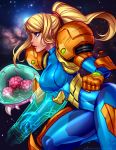  1girl arm_cannon blonde_hair blue_bodysuit blue_eyes blushy-pixy bodysuit breasts commentary digital_dissolve english_commentary hair_ornament hair_scrunchie hologram impossible_bodysuit impossible_clothes large_breasts lips metroid metroid_(creature) mole mole_under_mouth nose patreon_username pauldrons ponytail power_armor samus_aran scrunchie shiny shiny_clothes skin_tight solo_focus space varia_suit weapon zero_suit 