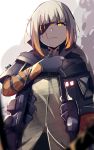  1girl absurdres bangs black_gloves black_jacket blurry blurry_foreground brown_shirt closed_mouth commentary depth_of_field dress_shirt eyepatch girls_frontline gloves glowing glowing_eye grey_hair hand_up highres jacket long_sleeves looking_at_viewer m16a1_(girls_frontline) m16a1_(girls_frontline)_(boss) multicolored_hair open_clothes open_jacket orange_hair scar scar_across_eye shirt short_over_long_sleeves short_sleeves signature solo tegar32 two-tone_hair white_hair yellow_eyes 