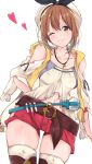  1girl atelier_(series) atelier_ryza belt brown_eyes brown_hair closed_mouth collarbone cowboy_shot harusame_(moyuna412) heart highres jewelry looking_at_viewer navel necklace one_eye_closed red_shorts reisalin_stout shiny shiny_skin shirt short_hair short_shorts shorts simple_background smile solo standing thigh-highs thighs white_background white_headwear white_shirt 
