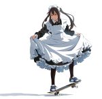  1girl apron brown_hair check_commentary commentary_request maid maid_apron maid_headdress original shadow shoes skateboard skirt_hold sneakers solo suzushiro_(suzushiro333) twintails white_background 