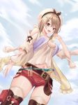  1girl :d absurdres arm_up atelier_(series) atelier_ryza bangs belt blush boots breasts brown_eyes brown_hair clouds cup6542 hair_between_eyes hair_ornament hairclip hat highres looking_at_viewer medium_breasts navel open_mouth outdoors pouch red_shorts reisalin_stout round-bottom_flask shirt short_hair short_shorts shorts sidelocks sky smile solo thick_thighs thigh-highs thigh_boots thighs white_headwear white_legwear white_shirt 