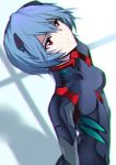  1girl ayanami_rei bangs black_bodysuit blue_hair blurry bodysuit breasts chromatic_aberration eyebrows_visible_through_hair from_above hair_between_eyes hair_ornament karlwolf looking_up neon_genesis_evangelion open_mouth pilot_suit plugsuit rebuild_of_evangelion red_eyes short_hair simple_background skin_tight small_breasts solo standing turtleneck upper_body 