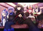  5girls bangs black_cape black_dress black_hair black_kimono blue_dress blue_eyes blue_hair blue_neckwear blurry bow bowtie breasts brown_footwear brown_hair cape circe_(fate/grand_order) collarbone commentary_request couch cup depth_of_field diadem dress earrings eyebrows_visible_through_hair fate/apocrypha fate/grand_order fate/prototype fate/prototype:_fragments_of_blue_and_silver fate_(series) floral_print from_below green_legwear grimace hair_between_eyes hair_bow hair_ornament hassan_of_serenity_(fate) head_tilt head_wings highres index_finger_raised indoors japanese_clothes jewelry kimono lavender_hair leg_hug letterboxed long_hair long_sleeves looking_at_viewer medium_breasts multiple_girls off_shoulder oni_horns pantyhose parted_bangs pink_hair ponytail reaching_out red_eyes red_nails sakazuki semiramis_(fate) shirt short_hair shuten_douji_(fate/grand_order) sitting skull_necklace smile tunic very_long_hair violet_eyes white_legwear white_shirt wu_zetian_(fate/grand_order) yellow_eyes yuurei447 