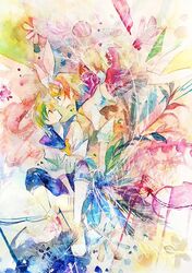  1boy 1girl blonde_hair bow colorful commentary flower hair_bow hair_ornament hairclip highres kagamine_len kagamine_rin karanagare_4 looking_at_another looking_up midair necktie sailor_collar school_uniform shirt short_hair shorts sitting skirt traditional_media vocaloid watercolor_(medium) white_bow white_shirt yellow_neckwear 