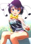  1girl bangs black_hair black_swimsuit blue_eyes bow bowtie commentary_request day eyebrows_visible_through_hair highres kemono_friends long_hair name_tag one-piece_swimsuit open_mouth outdoors partial_commentary see-through short_hair signature sitting solo swimsuit welt_(kinsei_koutenkyoku) western_parotia_(kemono_friends) yellow_neckwear 