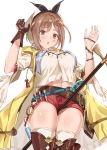  absurdres atelier_(series) atelier_ryza belt brown_eyes brown_hair hair_ornament hairclip hat highres midriff monyu_(monyupop) navel red_shorts reisalin_stout short_shorts shorts thigh-highs thighs 