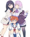  1boy 2girls absurdres blush bow button_gap collared_shirt copyright_name crossdressinging hibiki_yuuta highres holding holding_hands jacket lavender_hair looking_at_viewer multiple_girls orange_scrunchie purple_bow purple_jacket scrunchie shinjou_akane shirt ssss.gridman sweater takada_fsan takarada_rikka white_cardigan white_shirt white_sweater wing_collar wrist_scrunchie 