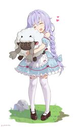  1girl absurdres bare_shoulders blush braid closed_eyes happy heart highres hug kami_jigen_game_neptune_v long_hair neptune_(series) open_mouth poke_ball pokemon pururut ribbon sendrawz sheep single_braid solo thigh-highs tied_hair very_long_hair white_legwear wooloo 