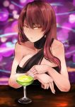  1girl alternate_costume bangs bare_shoulders black_dress blush breasts cocktail_glass collarbone cup dress drinking_glass eyebrows_visible_through_hair girls_frontline half-closed_eyes halterneck highres jewelry katagiri_ags large_breasts long_hair looking_at_viewer open_mouth purple_hair red_eyes ring sitting solo upper_body very_long_hair wa2000_(girls_frontline) wedding_ring 