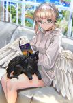  1girl angel angel_wings bare_legs black_cat black_choker blonde_hair blue_sky blush braid breasts cat cat_on_lap choker chromatic_aberration commentary couch feet_out_of_frame floating_island french_braid from_above glasses green_eyes highres indoors light_rays original parted_lips ran&#039;ou_(tamago_no_kimi) reading sitting sky small_breasts solo thighs window wings 