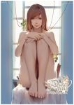  1girl backlighting bangs barefoot bed_sheet brown_eyes brown_hair closed_mouth commentary dako6995 english_commentary hands_on_own_knees highres long_hair looking_at_viewer mole mole_under_eye nude original sitting smile solo swept_bangs thighs window 