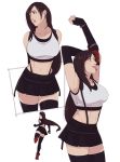  1girl abs arms_behind_back bike_shorts black_hair black_legwear black_skirt final_fantasy final_fantasy_vii final_fantasy_vii_remake long_hair low-tied_long_hair midriff multiple_views mushisotisis navel parted_lips pleated_skirt red_footwear shorts shorts_under_skirt simple_background skirt smile stretch suspenders thigh-highs tifa_lockhart toned white_background 