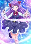  1girl bangs blue_eyes bow bowtie closed_mouth dress eyebrows_visible_through_hair floating_hair flower full_body hair_flower hair_ornament hanzou highres kaguya_madoka leg_up long_hair long_sleeves looking_at_viewer pinafore_dress precure pumps purple_footwear purple_hair purple_legwear red_bow red_flower red_neckwear shiny shiny_hair shirt short_dress sleeveless sleeveless_dress smile socks solo standing standing_on_one_leg star_twinkle_precure striped vertical-striped_dress vertical_stripes very_long_hair white_shirt 